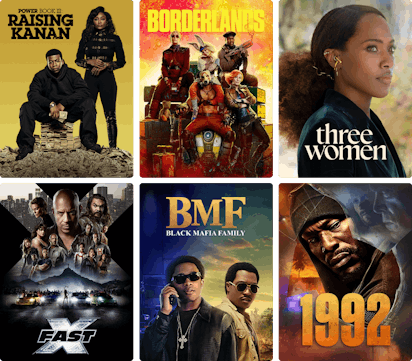 Collage of STARZ content posters including Power Book 3: Raising Kanan, Three Women, The Couple Next Door, Greedy People, The Ministry of Ungentlemanly Warfare and 1992.